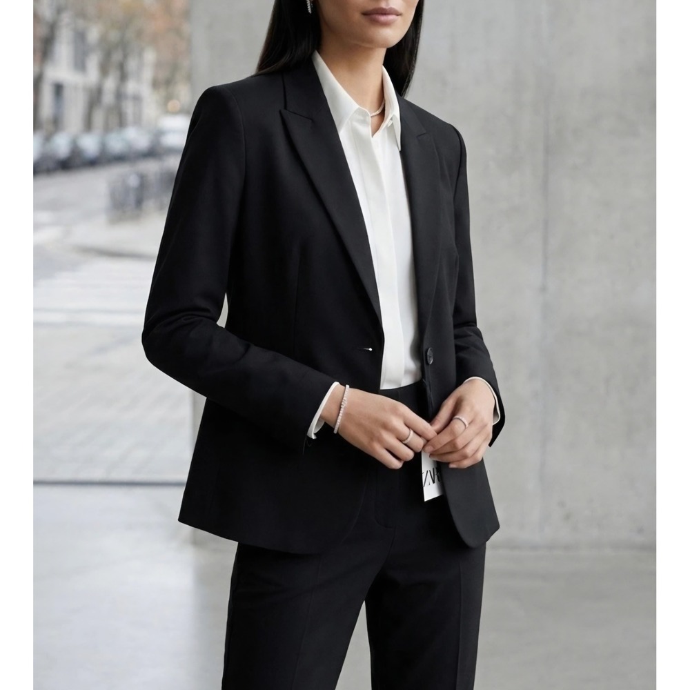 Zara Basic Black Single Button Tailored Blazer Jacket Size 4 Made in Spain
